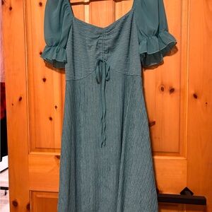 Teal Puff-Sleeve Midi Dress with Tie Front